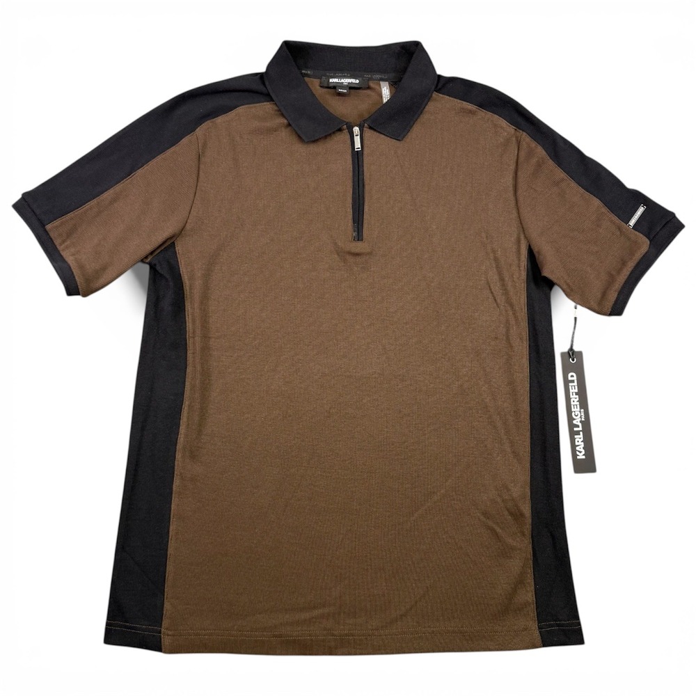 Karl Lagerfeld Paris Men Brown Black Colorblock Quarter Zip Polo Shirt Small‎